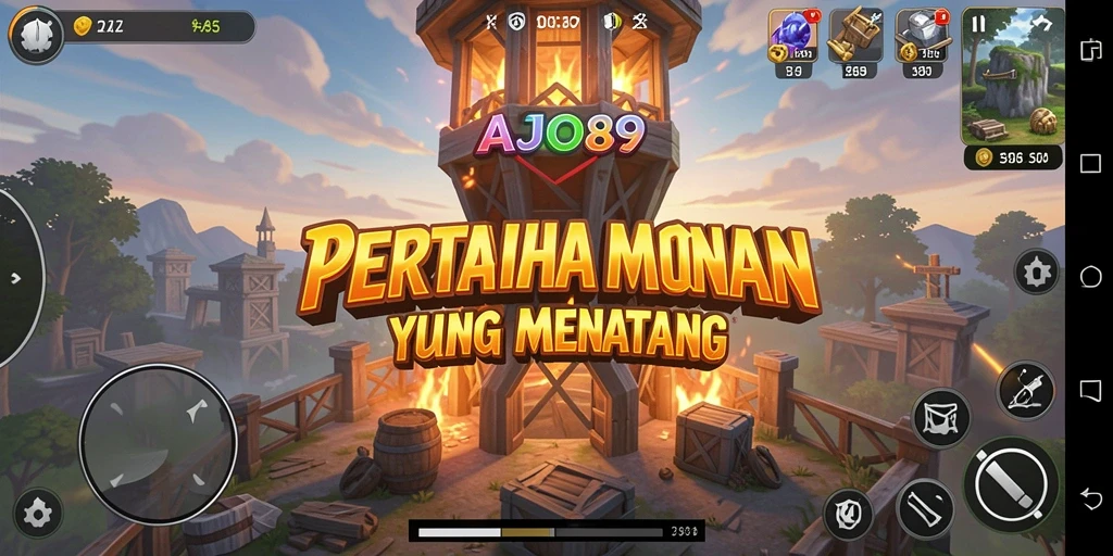 Screenshot gameplay AJO89 yang menampilkan aksi menara pertahanan.