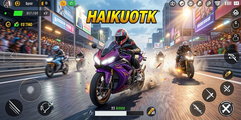 Gameplay HAIKUOTK yang mendebarkan dengan motor balap yang cepat.