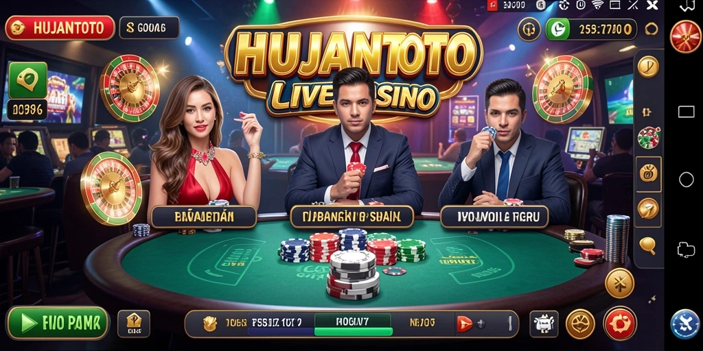 Tangkapan layar gameplay <strong>HUJANTOTO</strong> dengan dealer langsung dan suasana kasino.