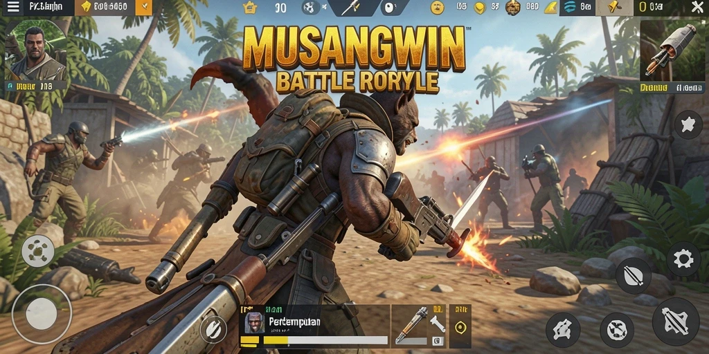 Screenshot utama MUSANGWIN menampilkan aksi intens di arena pertempuran Battle Royale.