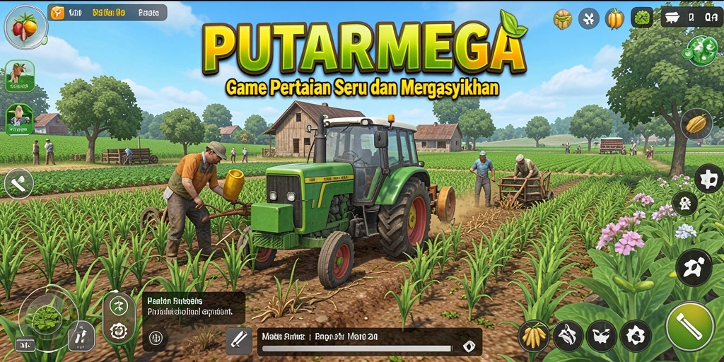 Screenshot utama PUTARMEGA memperlihatkan gameplay bertani yang seru dan interaktif.
