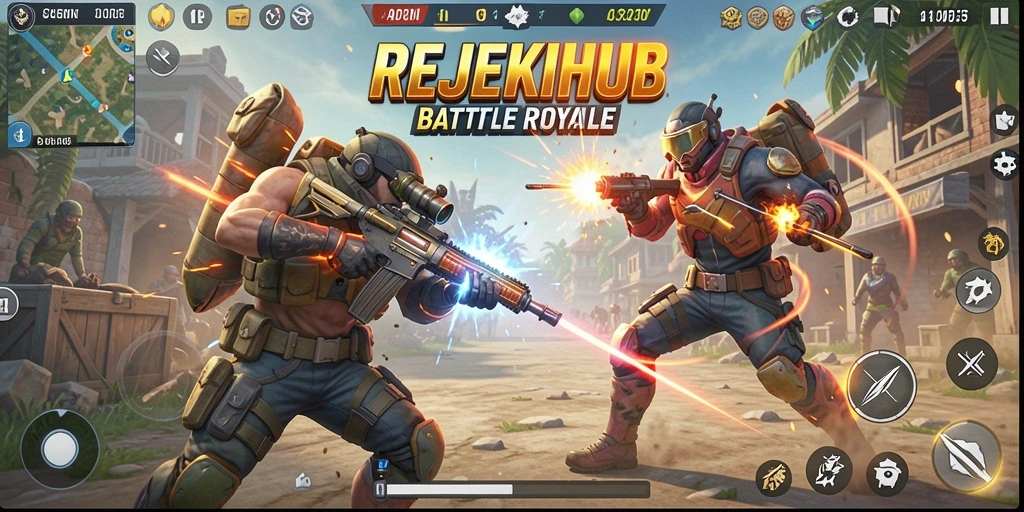 Tampilan gameplay seru REJEKIHUB dalam aksi Battle Royale.