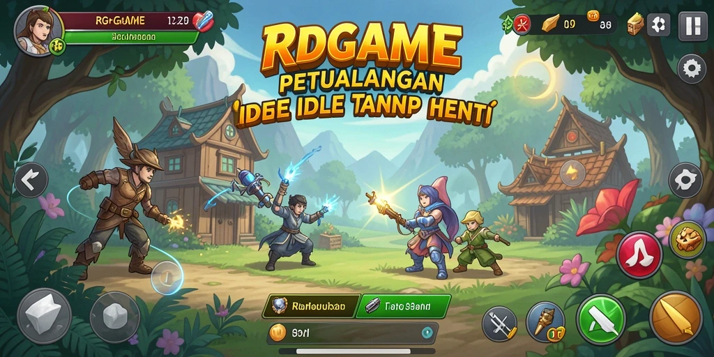 Screenshot RPGAME menampilkan karakter sedang berjuang dalam pertempuran Idle.
