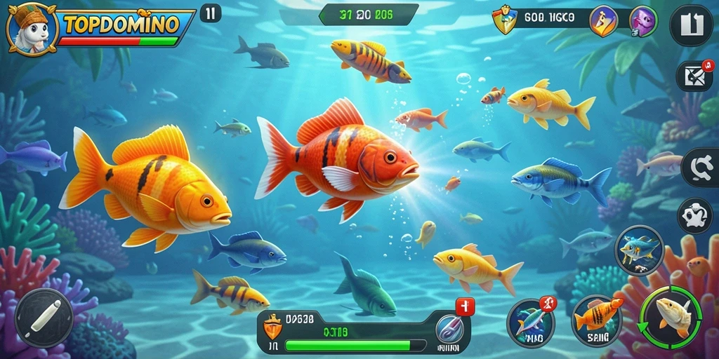 Screenshot gameplay Tembak Ikan di TOPDOMINO yang penuh warna.